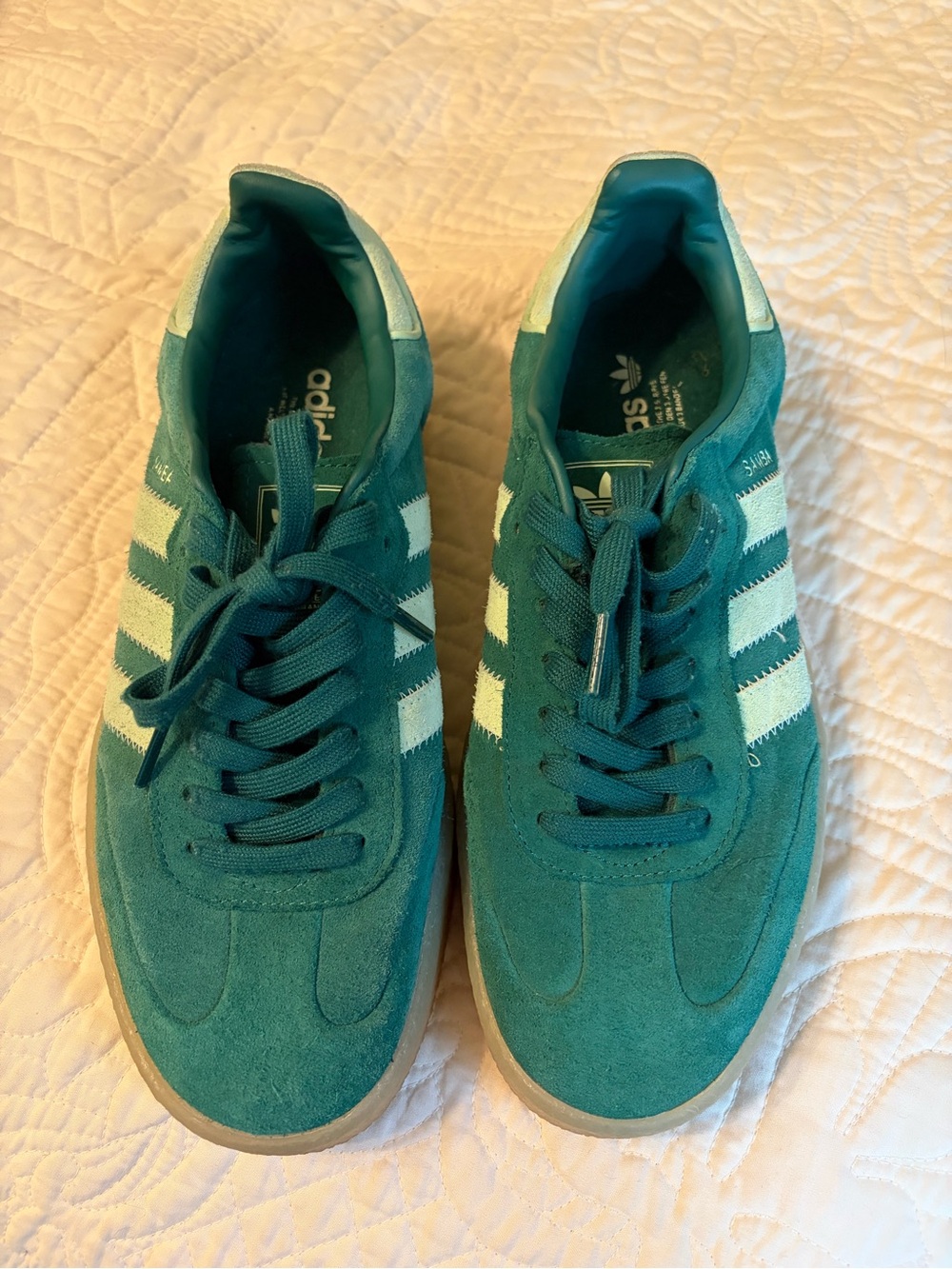 Adidas Women’s Teal Sambas- Suede Sneakers with White Stripes